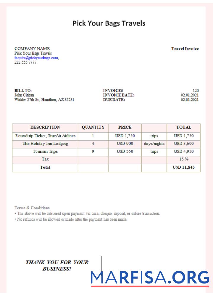 Downloadable USA Pick Your Bags Travels invoice download for verification